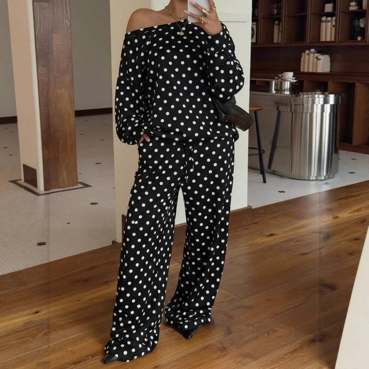 Polka Dot Off The Shoulder Pants Set
