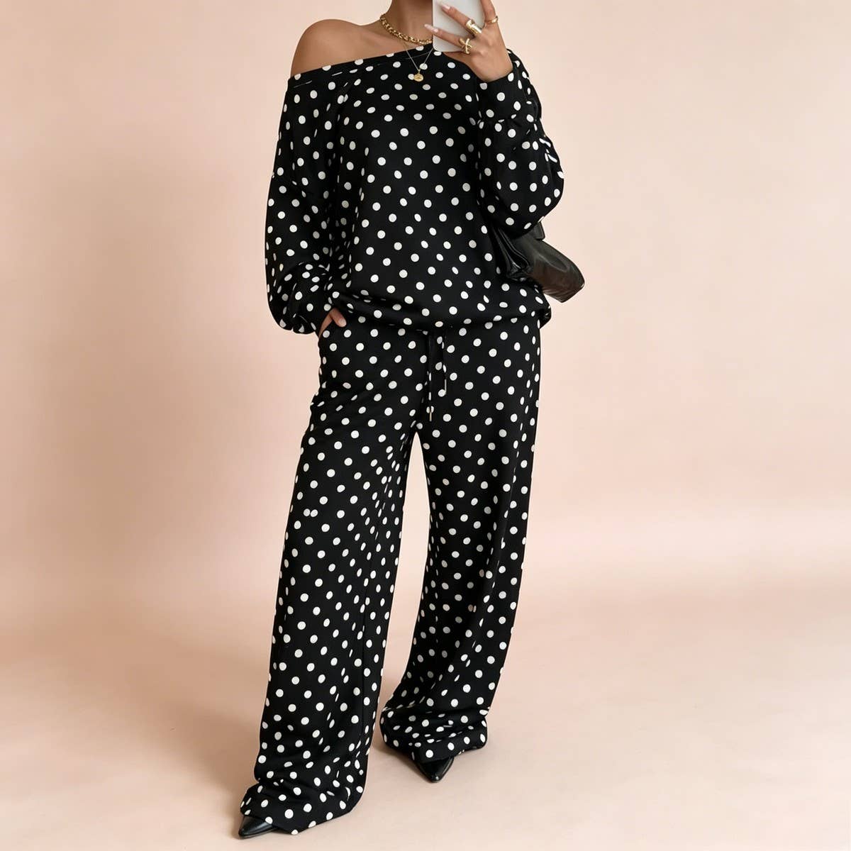 Polka Dot Off The Shoulder Pants Set