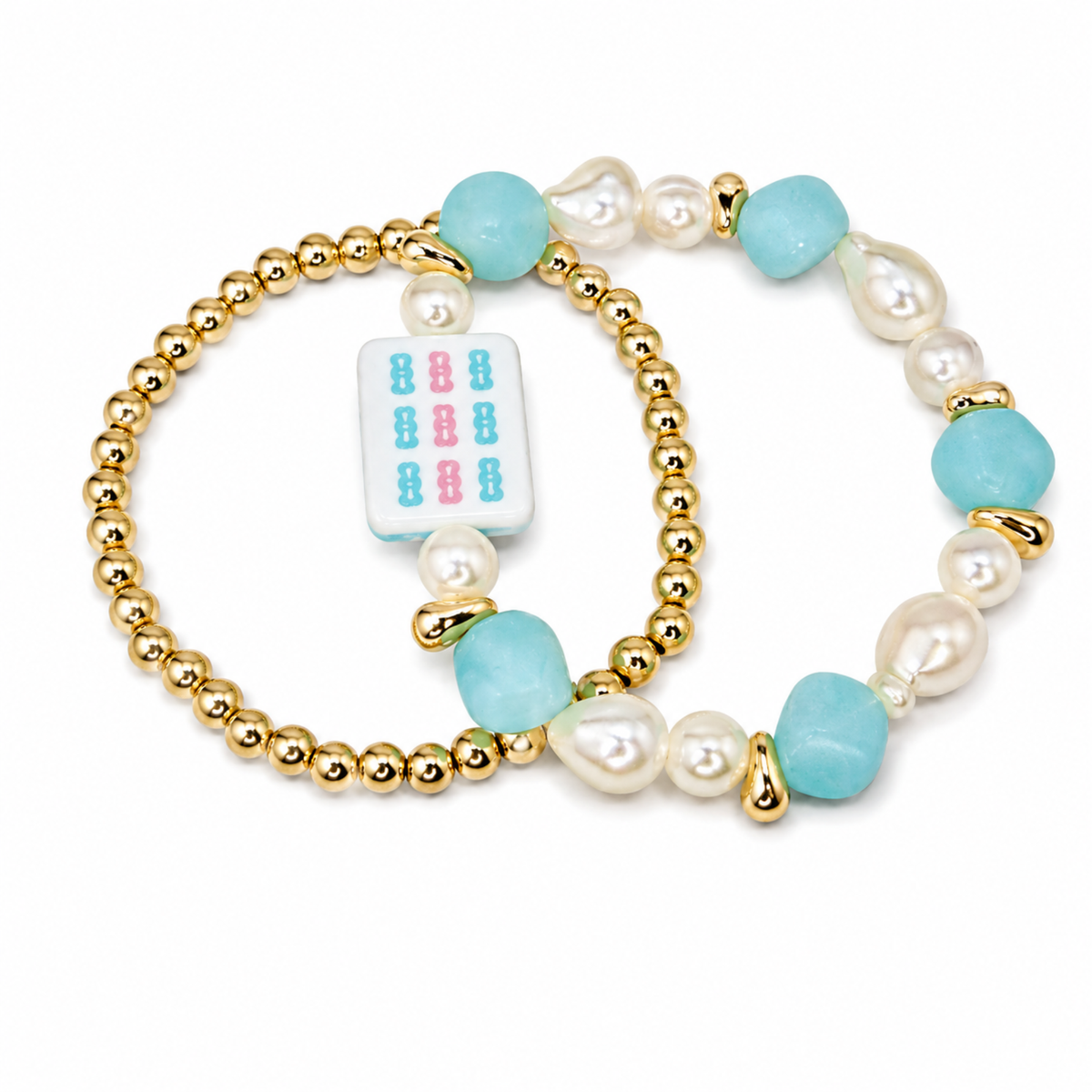 Mahjong Tile Beaded Bracelet 2-Piece Set